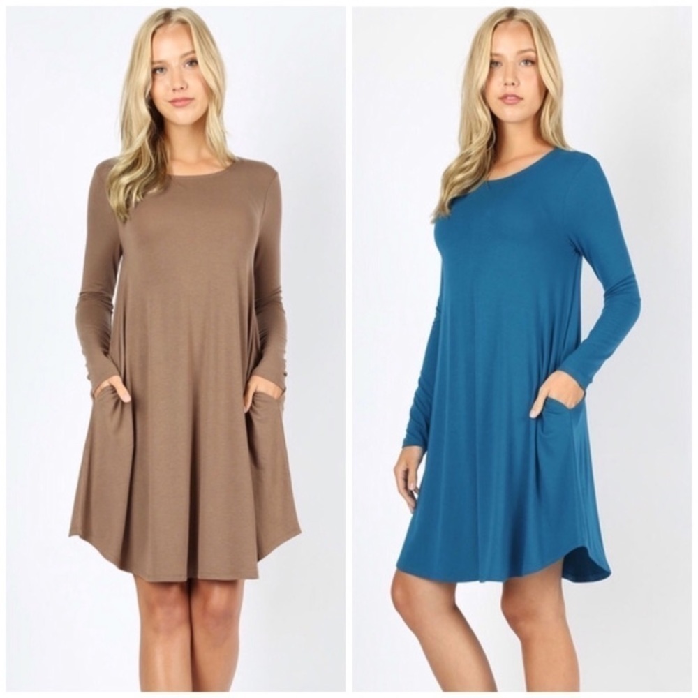 Plus Size Mocha Round Hem Long Sleeve Dress